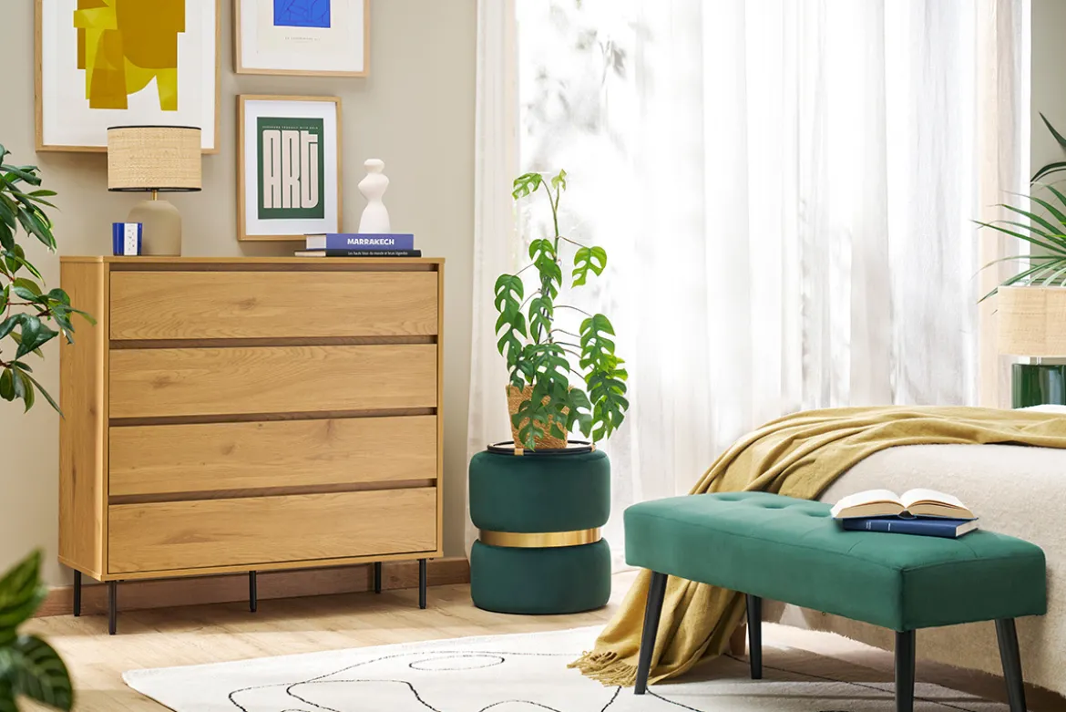 Commode finition bois clair chêne 4 tiroirs L100 cm ARAGON