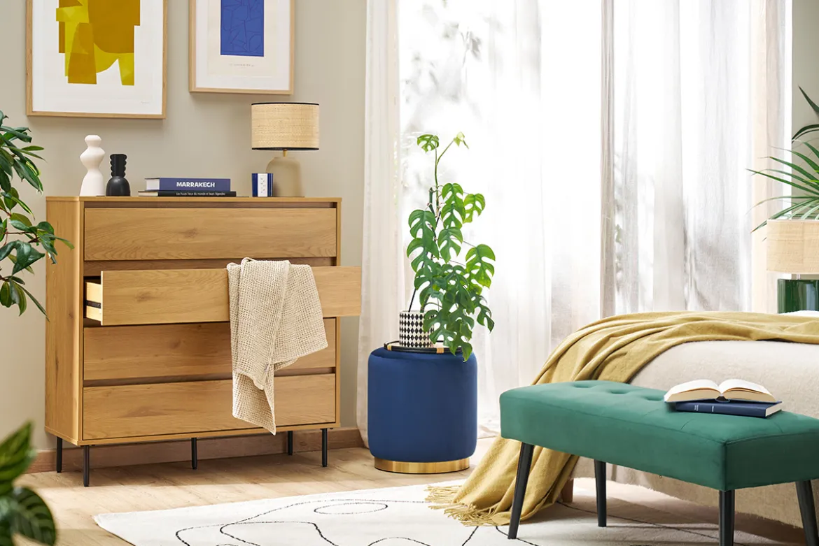 Commode finition bois clair chêne 4 tiroirs L100 cm ARAGON