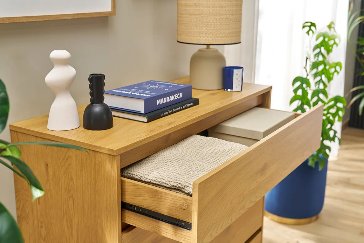 Commode finition bois clair chêne 4 tiroirs L100 cm ARAGON