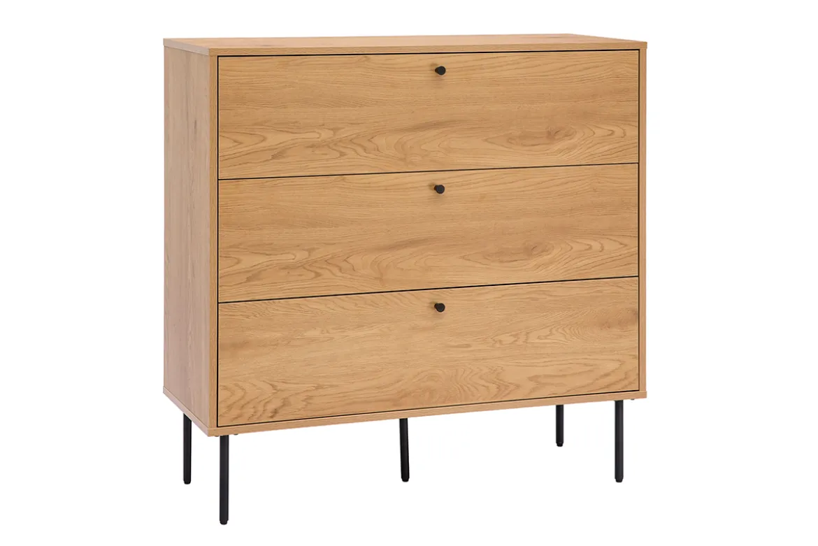 Commode finition bois clair chêne et pieds métal noir 3 tiroirs L100 cm PERNELLE