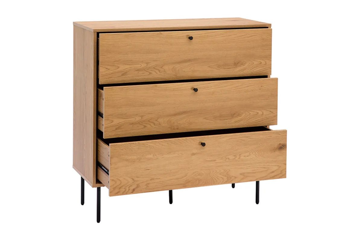 Commode finition bois clair chêne et pieds métal noir 3 tiroirs L100 cm PERNELLE