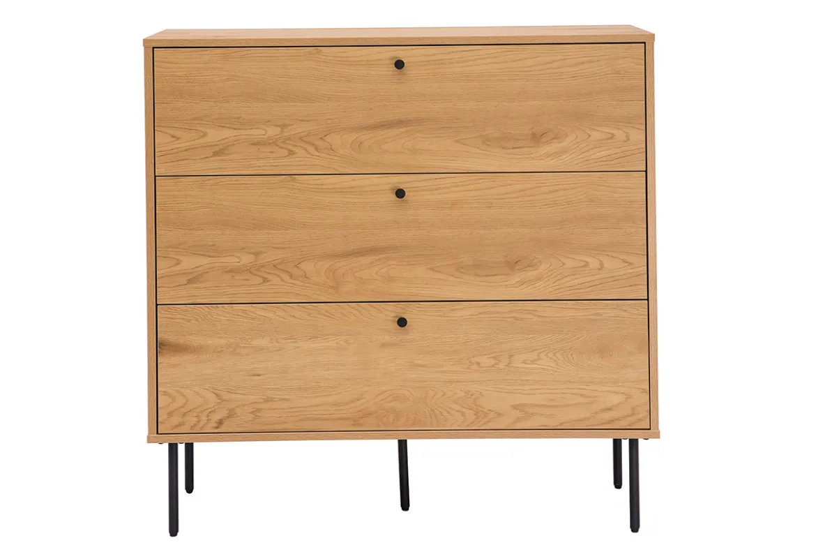 Commode finition bois clair chêne et pieds métal noir 3 tiroirs L100 cm PERNELLE