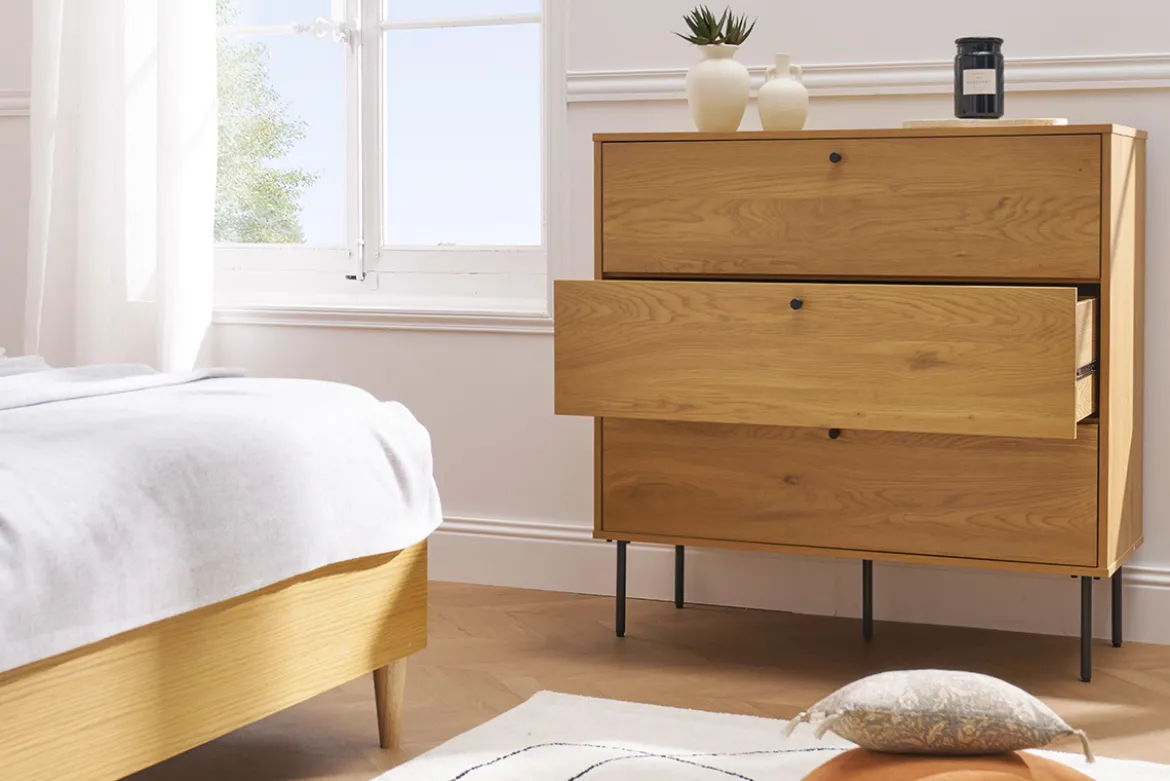 Commode finition bois clair chêne et pieds métal noir 3 tiroirs L100 cm PERNELLE