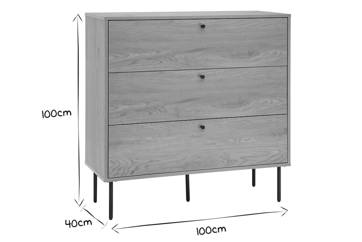 Commode finition bois clair chêne et pieds métal noir 3 tiroirs L100 cm PERNELLE