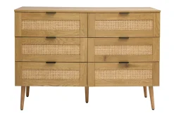 Commode finition bois clair, cannage en rotin et métal noir 6 tiroirs L120 cm MANILLE