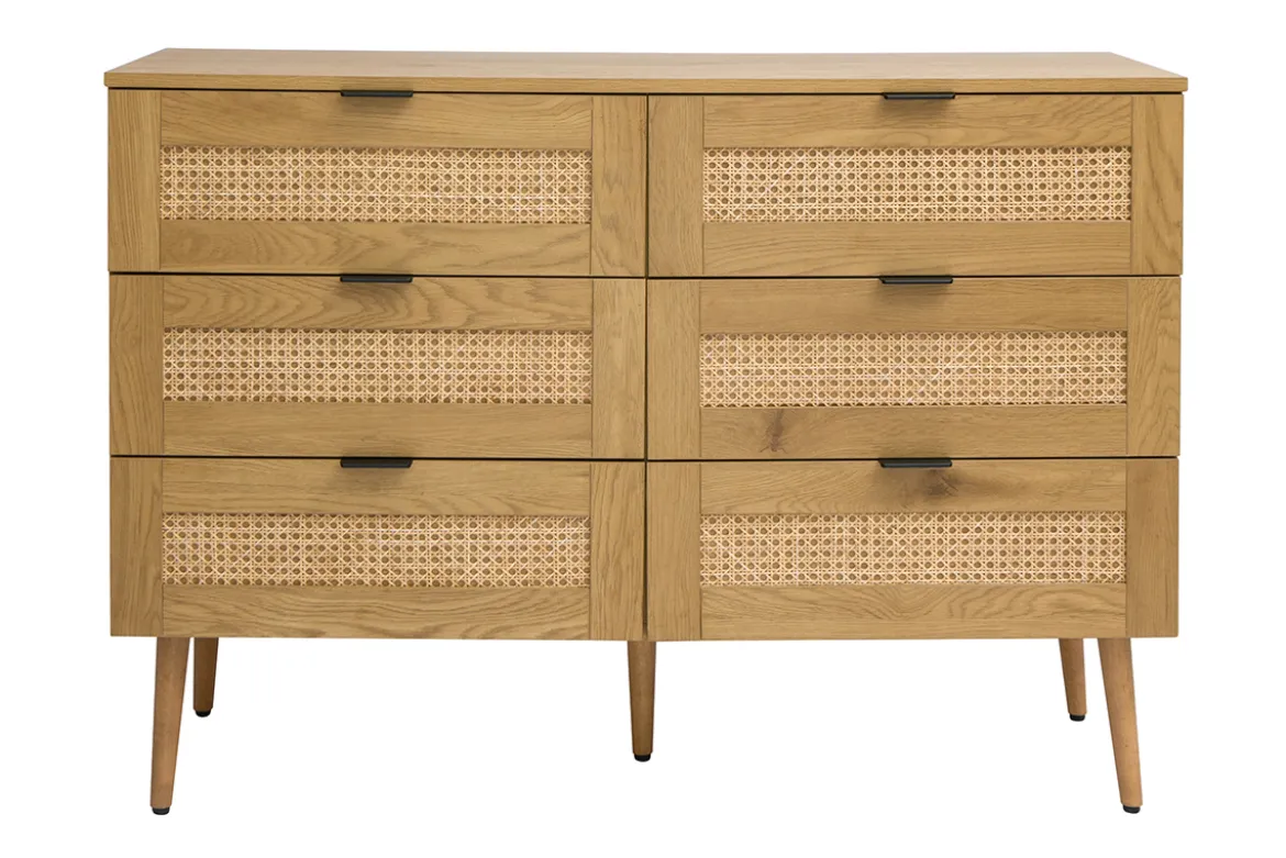 Commode finition bois clair, cannage en rotin et métal noir 6 tiroirs L120 cm MANILLE