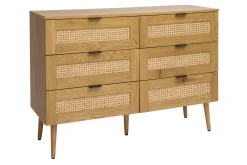 Commode finition bois clair, cannage en rotin et métal noir 6 tiroirs L120 cm MANILLE