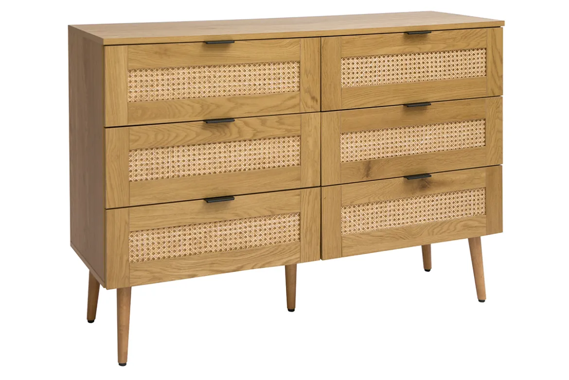 Commode finition bois clair, cannage en rotin et métal noir 6 tiroirs L120 cm MANILLE