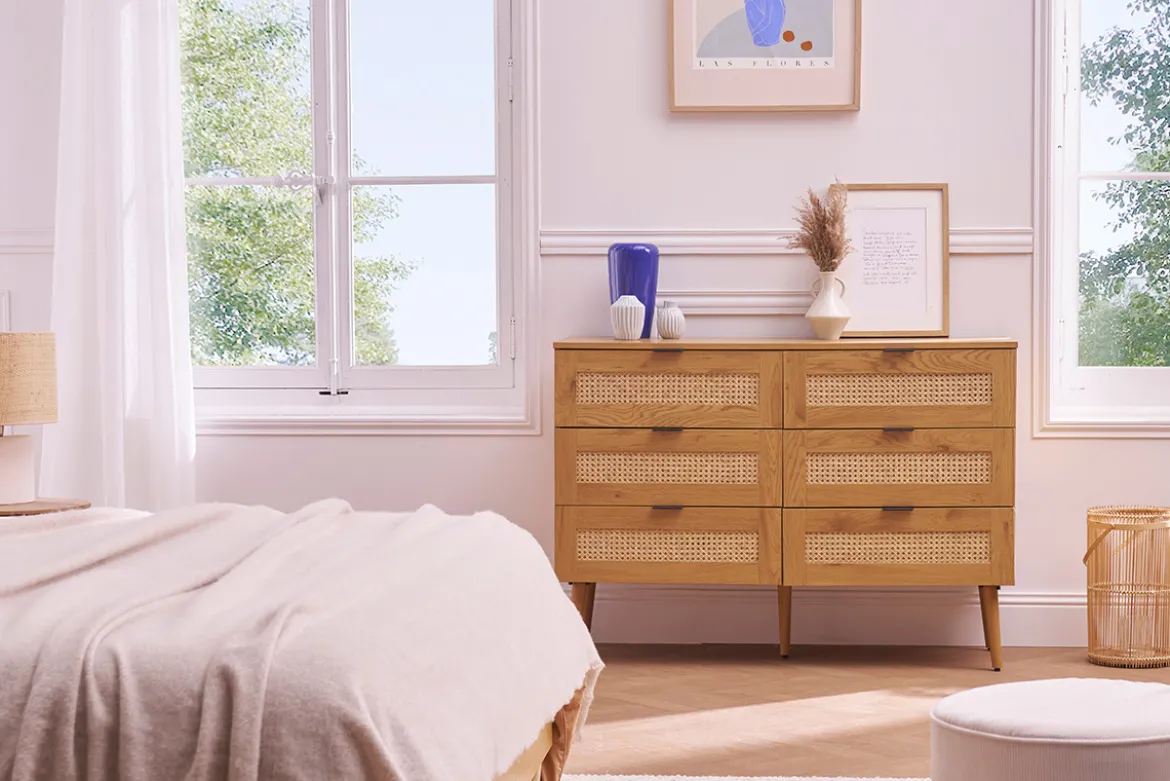 Commode finition bois clair, cannage en rotin et métal noir 6 tiroirs L120 cm MANILLE