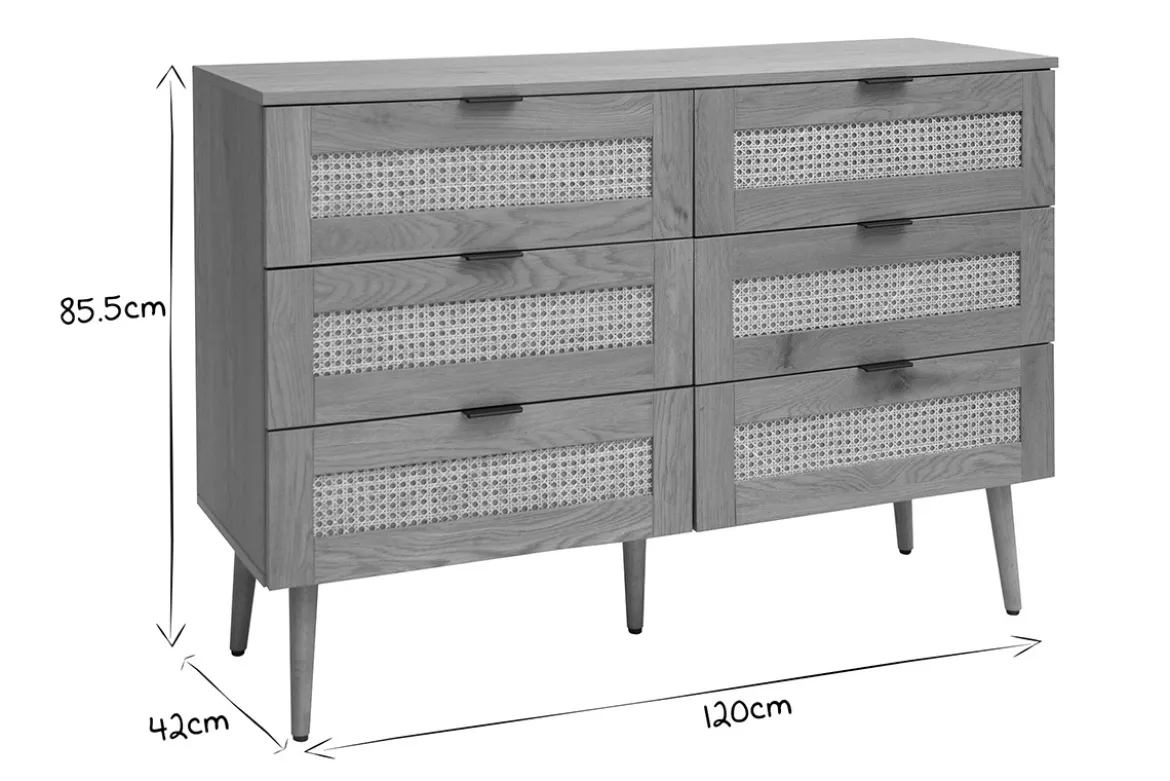 Commode finition bois clair, cannage en rotin et métal noir 6 tiroirs L120 cm MANILLE