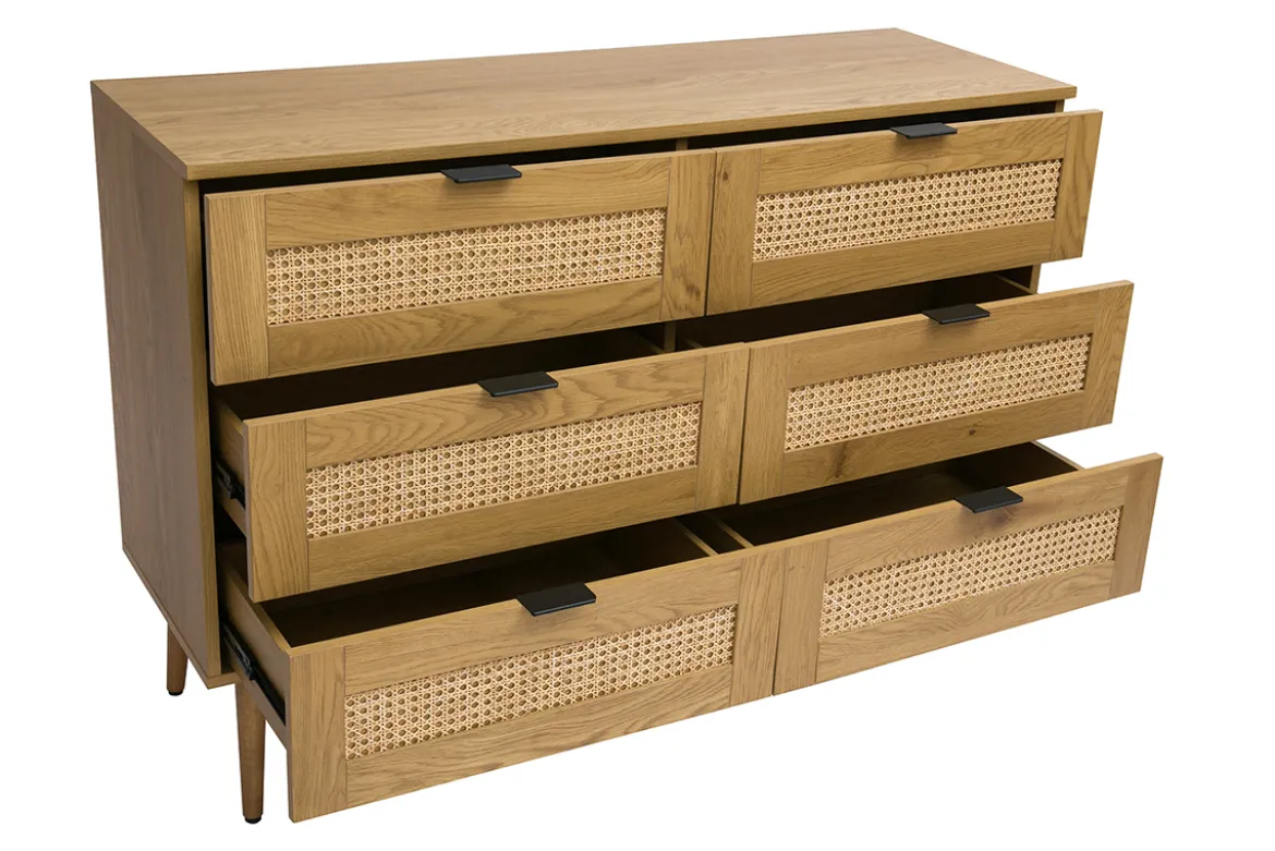 Commode finition bois clair, cannage en rotin et métal noir 6 tiroirs L120 cm MANILLE