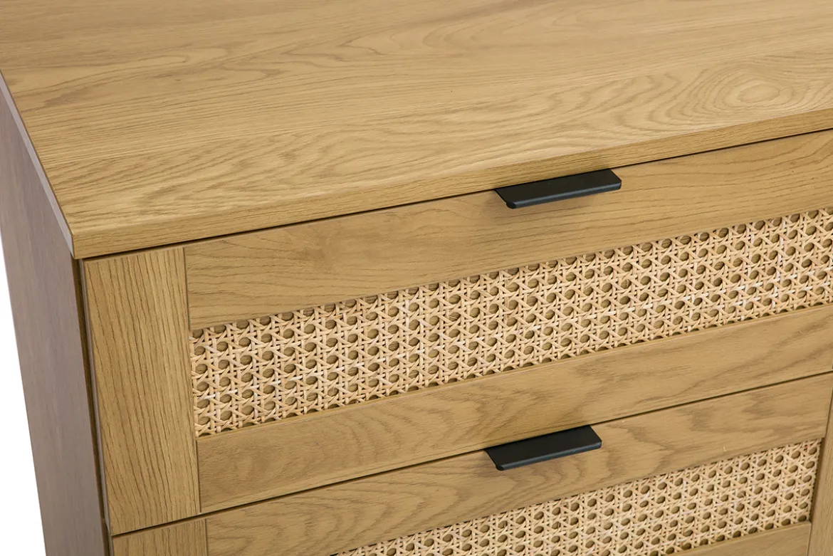 Commode finition bois clair, cannage en rotin et métal noir 6 tiroirs L120 cm MANILLE