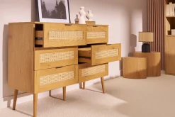 Commode finition bois clair, cannage en rotin et métal noir 6 tiroirs L120 cm MANILLE