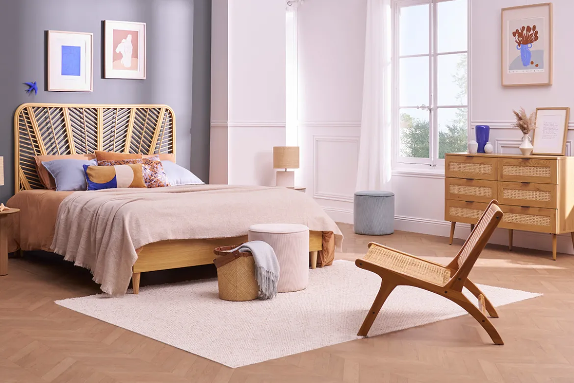 Commode finition bois clair, cannage en rotin et métal noir 6 tiroirs L120 cm MANILLE