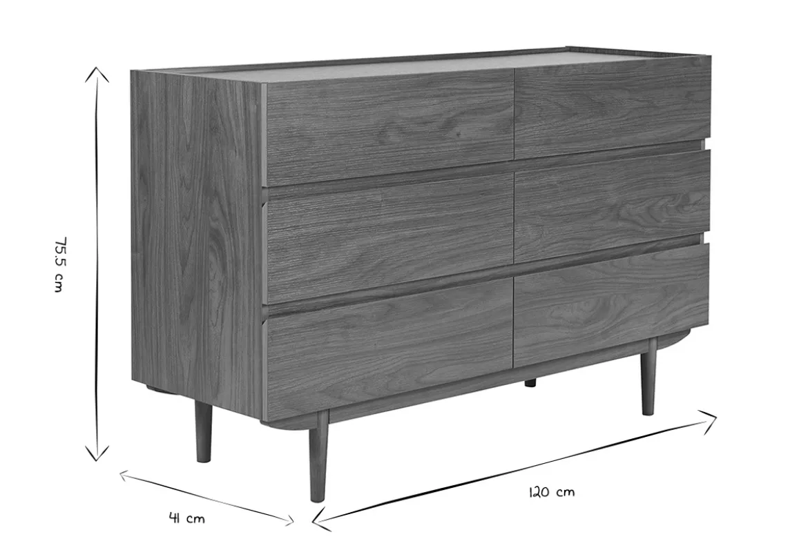 Commode finition bois foncé noyer 6 tiroirs L120 cm SANAA