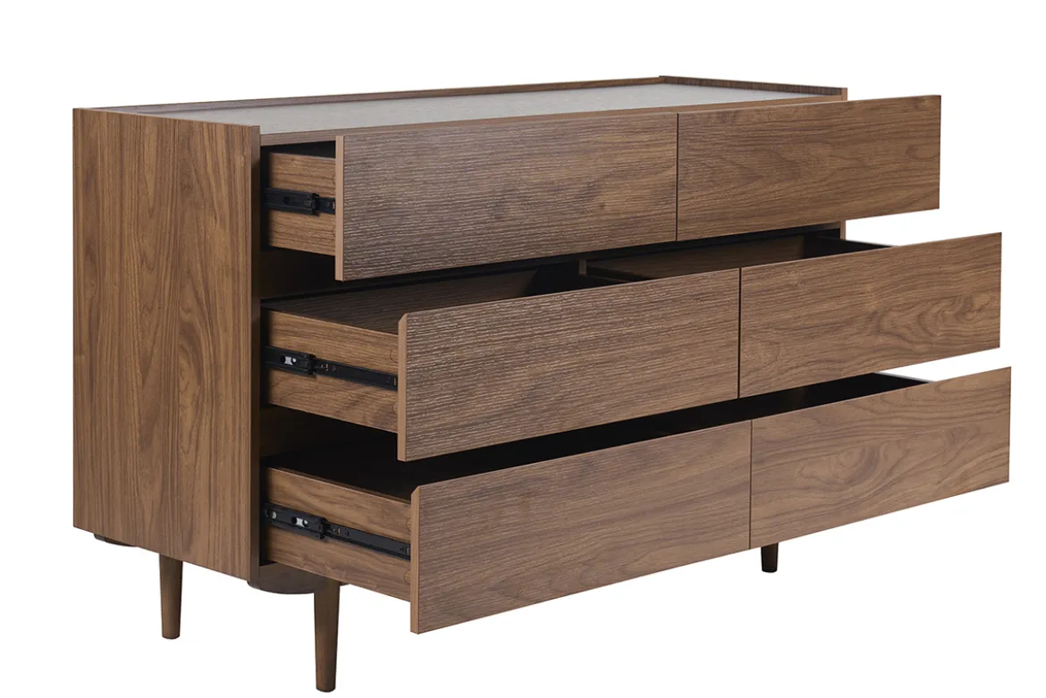 Commode finition bois foncé noyer 6 tiroirs L120 cm SANAA
