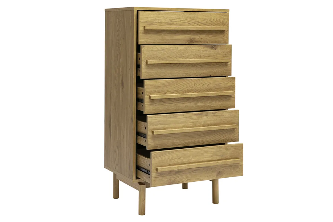 Commode haute finition bois chêne 5 tiroirs L60 cm YSEULT