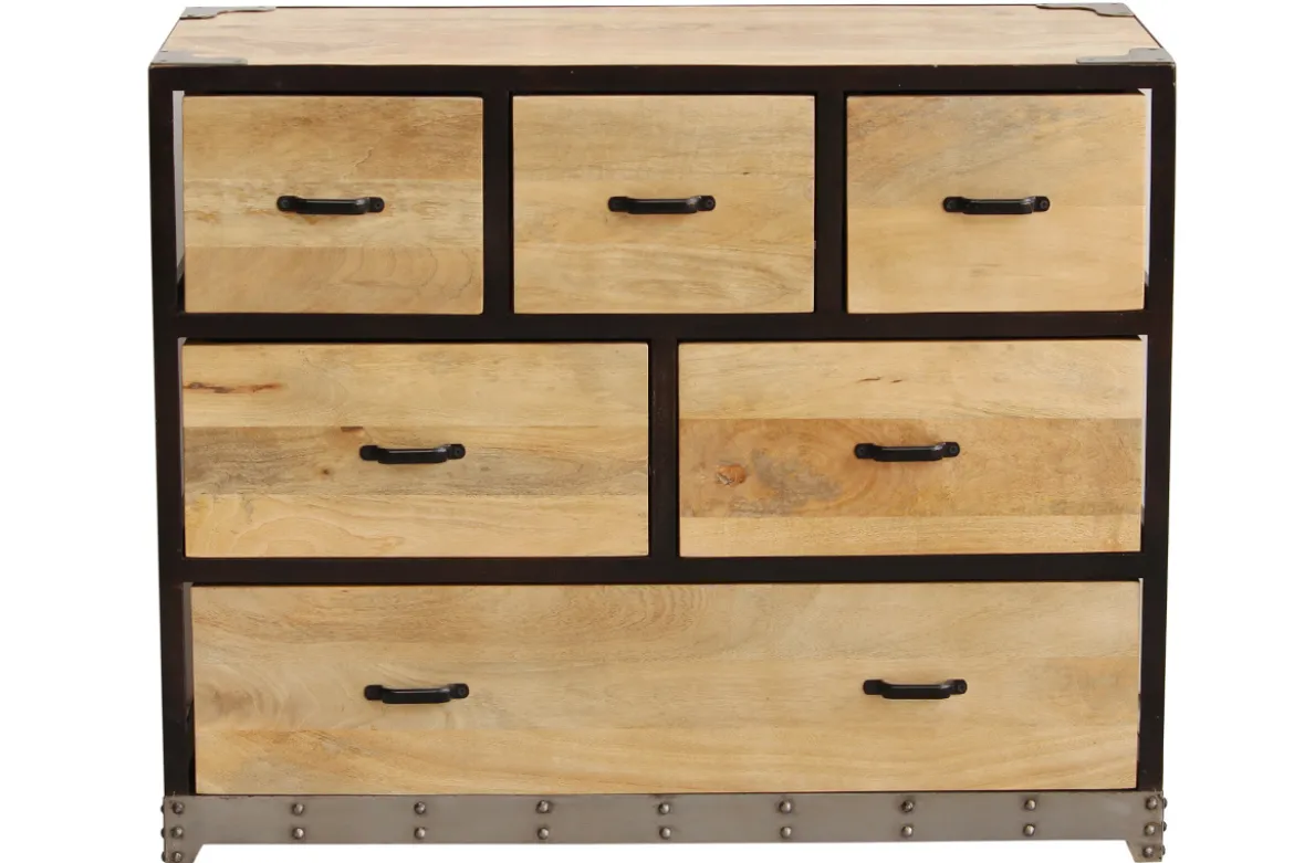 Commode industrielle en bois manguier massif et métal noir 6 tiroirs L99 cm INDUSTRIA