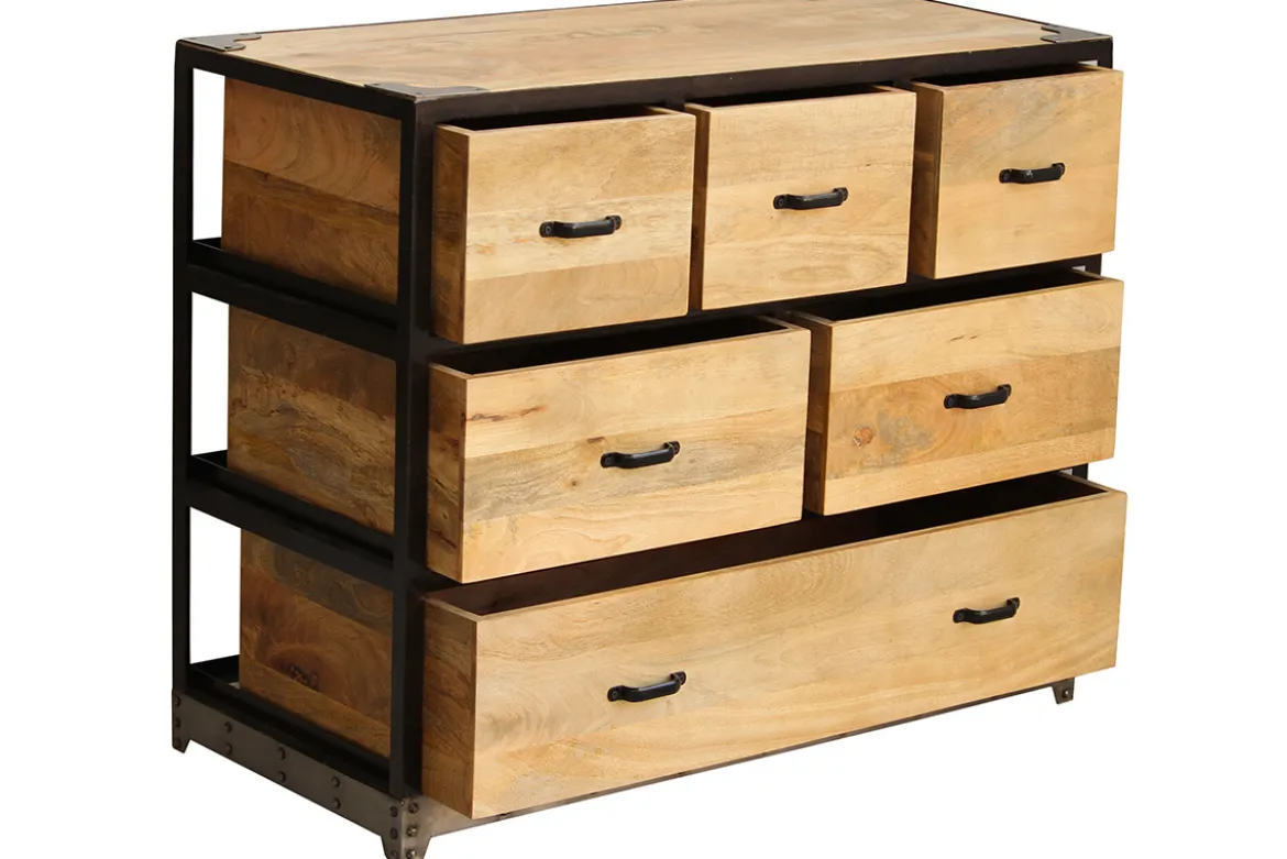 Commode industrielle en bois manguier massif et métal noir 6 tiroirs L99 cm INDUSTRIA
