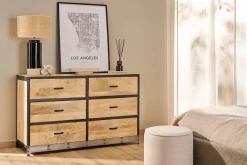 Commode industrielle en bois manguier massif et métal noir 6 tiroirs L130 cm INDUSTRIA