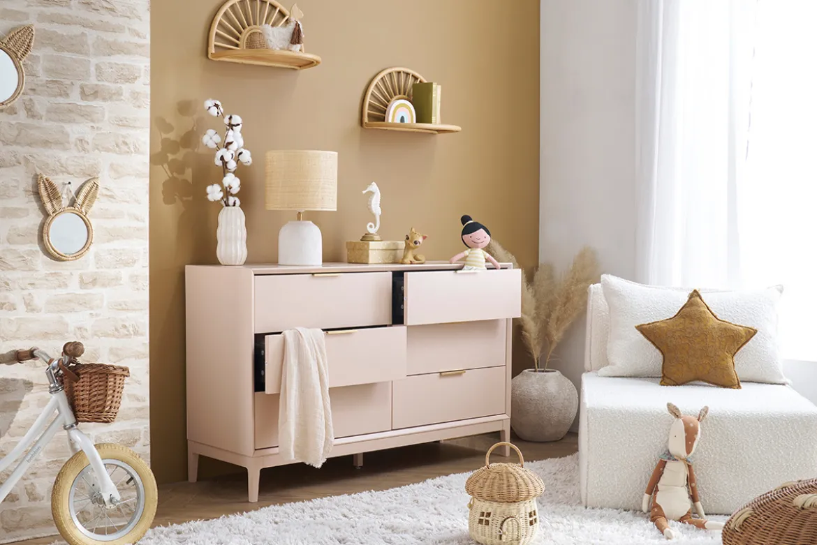 Commode rose poudré et métal doré 6 tiroirs L120 cm GIANA
