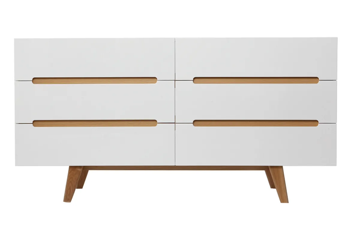Commode scandinave finition blanc laqué brillant 6 tiroirs L160 cm MELKA