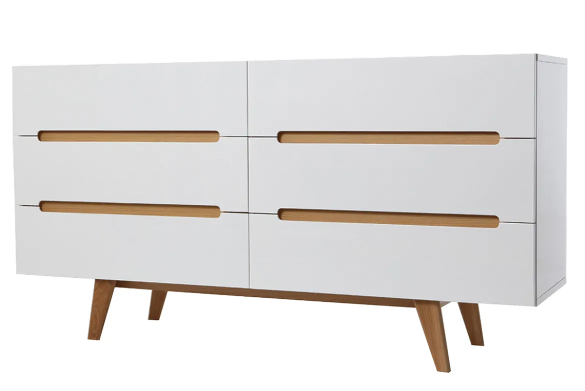 Commode scandinave finition blanc laqué brillant 6 tiroirs L160 cm MELKA