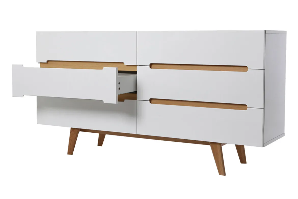 Commode scandinave finition blanc laqué brillant 6 tiroirs L160 cm MELKA