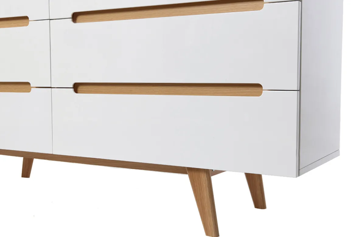 Commode scandinave finition blanc laqué brillant 6 tiroirs L160 cm MELKA