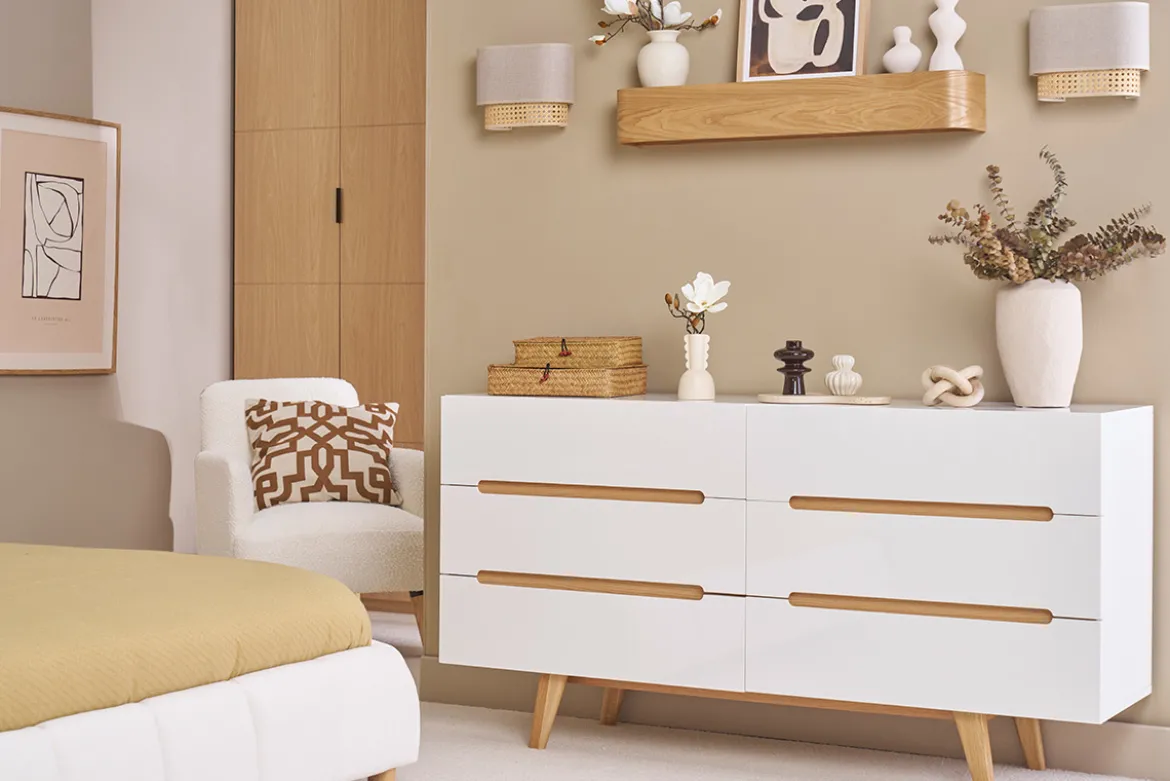 Commode scandinave finition blanc laqué brillant 6 tiroirs L160 cm MELKA
