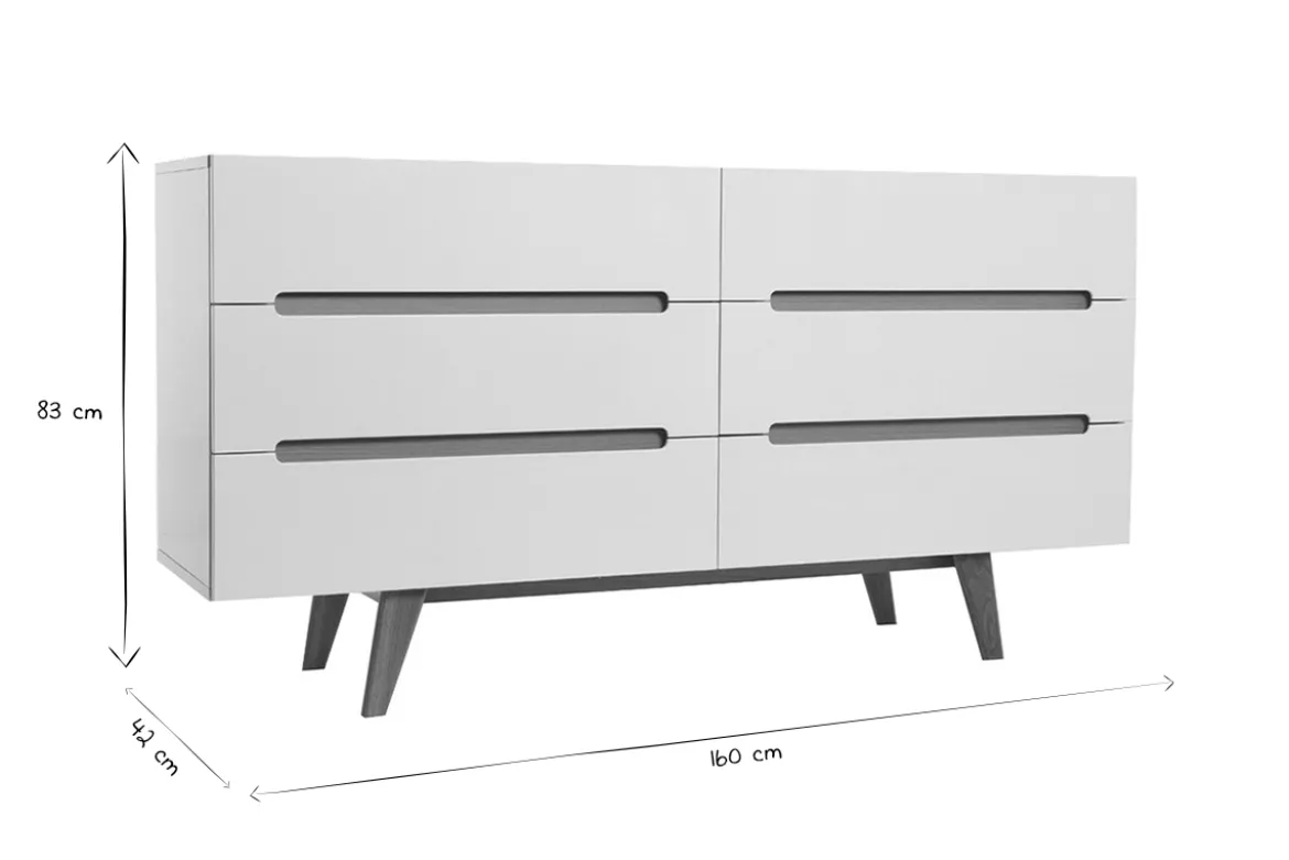 Commode scandinave finition blanc laqué brillant 6 tiroirs L160 cm MELKA