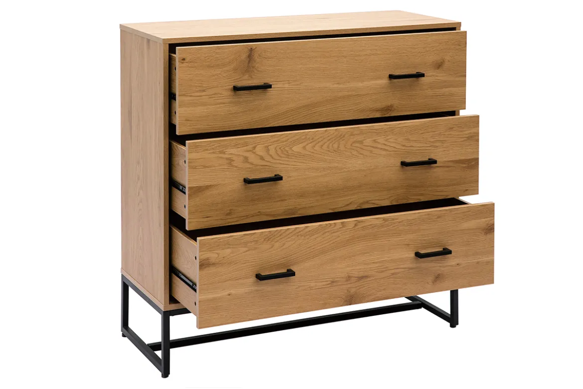 Commode 3 tiroirs finition bois clair chêne et métal noir L100 cm LOVATO