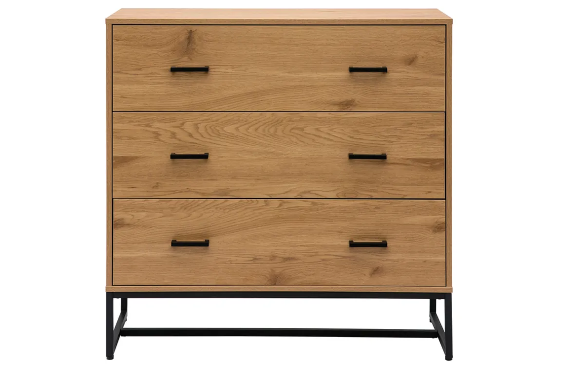 Commode 3 tiroirs finition bois clair chêne et métal noir L100 cm LOVATO