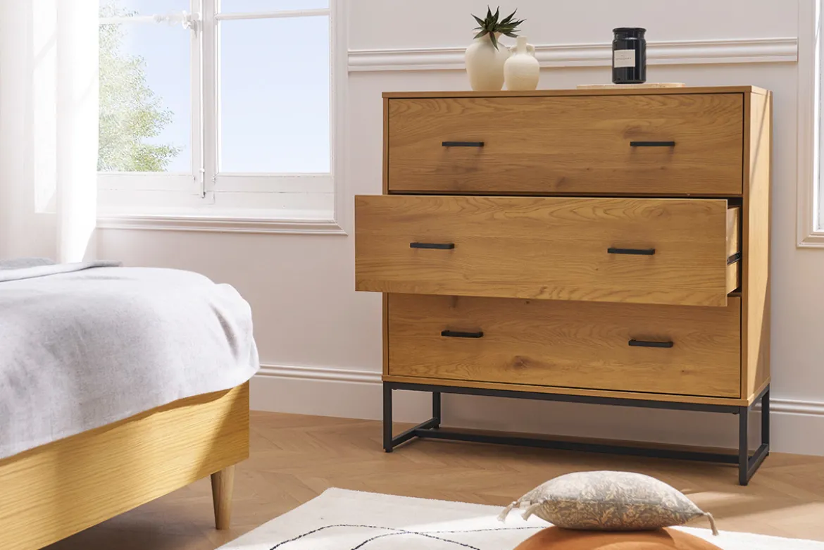 Commode 3 tiroirs finition bois clair chêne et métal noir L100 cm LOVATO