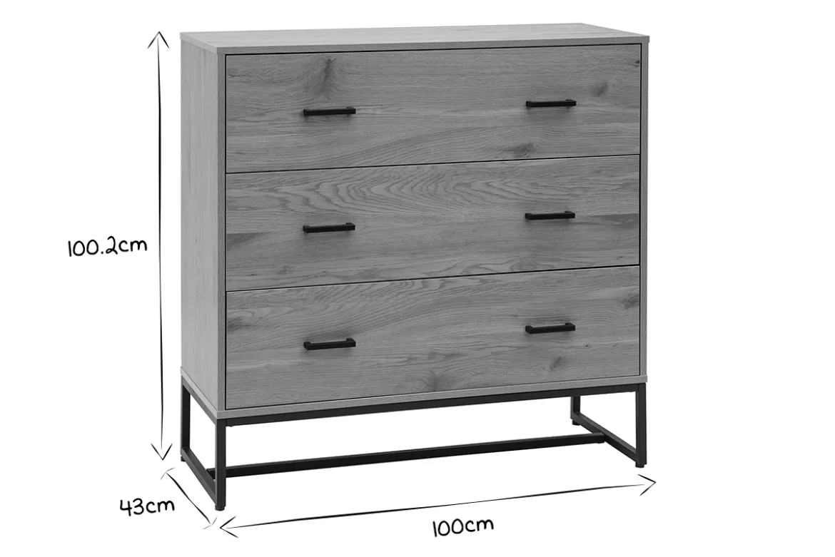 Commode 3 tiroirs finition bois clair chêne et métal noir L100 cm LOVATO