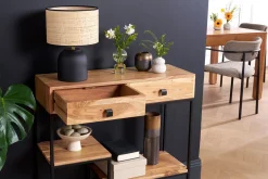 Console avec rangements 2 tiroirs en bois massif et métal noir L80 cm GRENELLE