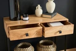 Console avec rangements 2 tiroirs en bois massif et métal noir L80 cm AXELLE