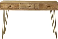 Console avec rangements 3 tiroirs en bois manguier massif gravé et métal doré L120 cm LINIUM