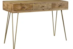 Console avec rangements 3 tiroirs en bois manguier massif gravé et métal doré L120 cm LINIUM