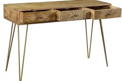 Console avec rangements 3 tiroirs en bois manguier massif gravé et métal doré L120 cm LINIUM