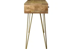 Console avec rangements 3 tiroirs en bois manguier massif gravé et métal doré L120 cm LINIUM