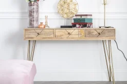 Console avec rangements 3 tiroirs en bois manguier massif gravé et métal doré L120 cm LINIUM