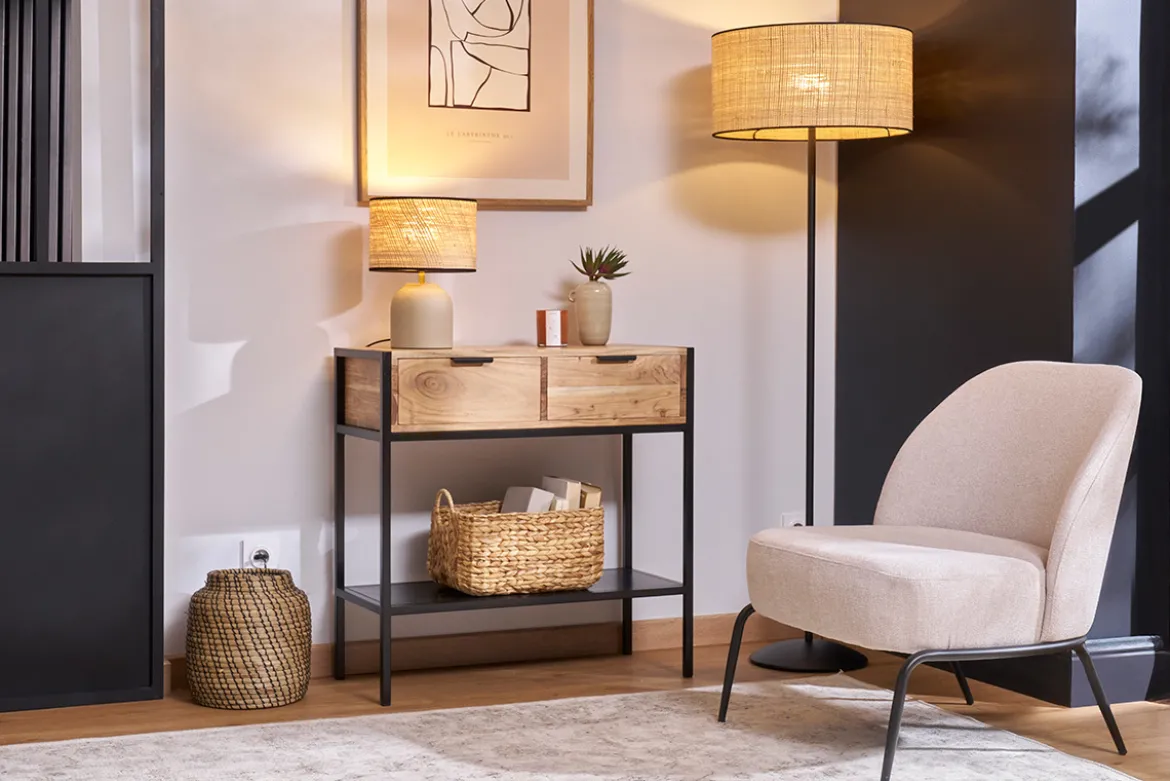 Console avec rangements 2 tiroirs en bois massif et métal noir L80 cm ARTHUS