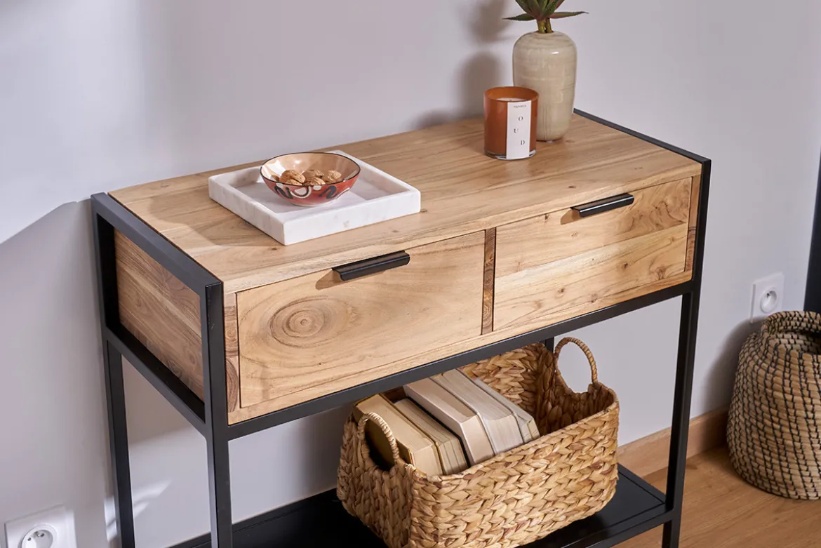 Console avec rangements 2 tiroirs en bois massif et métal noir L80 cm ARTHUS