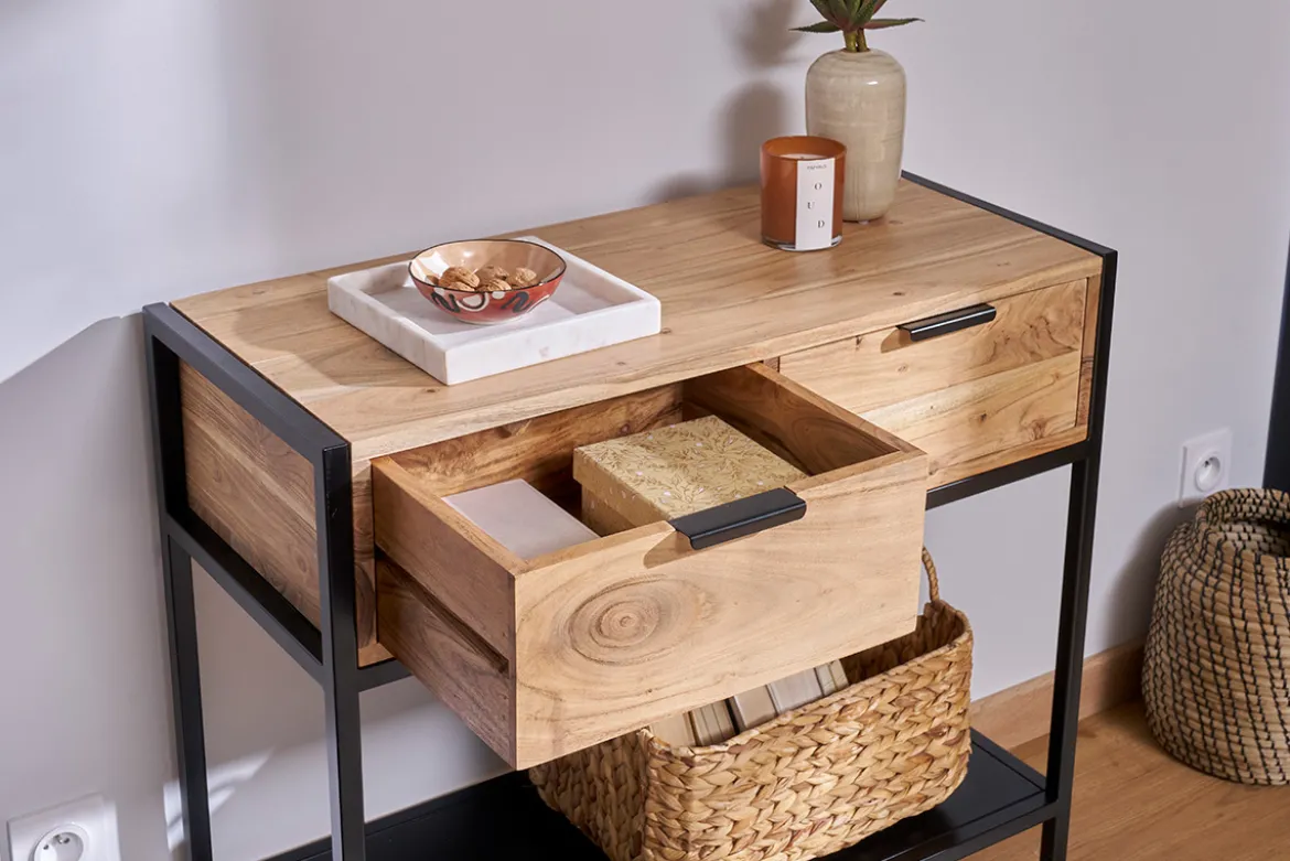 Console avec rangements 2 tiroirs en bois massif et métal noir L80 cm ARTHUS