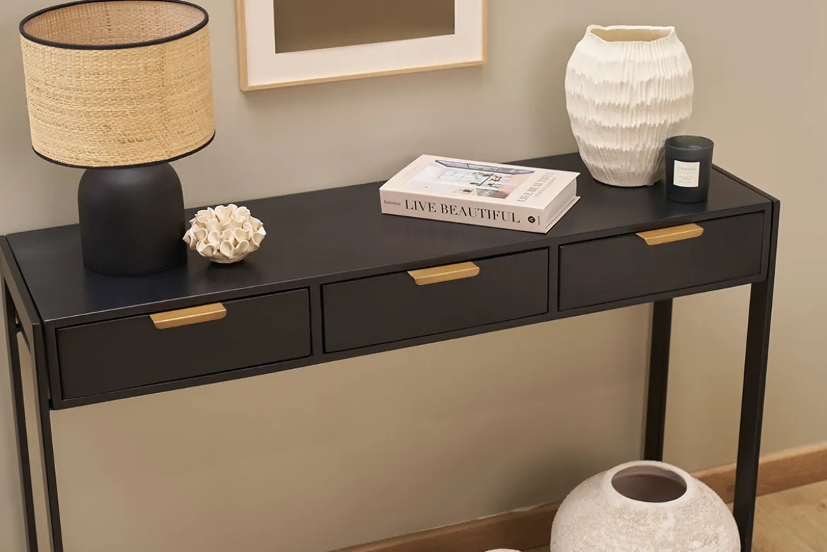 Console design avec rangements 3 tiroirs noire et métal L115 cm AVIDAN