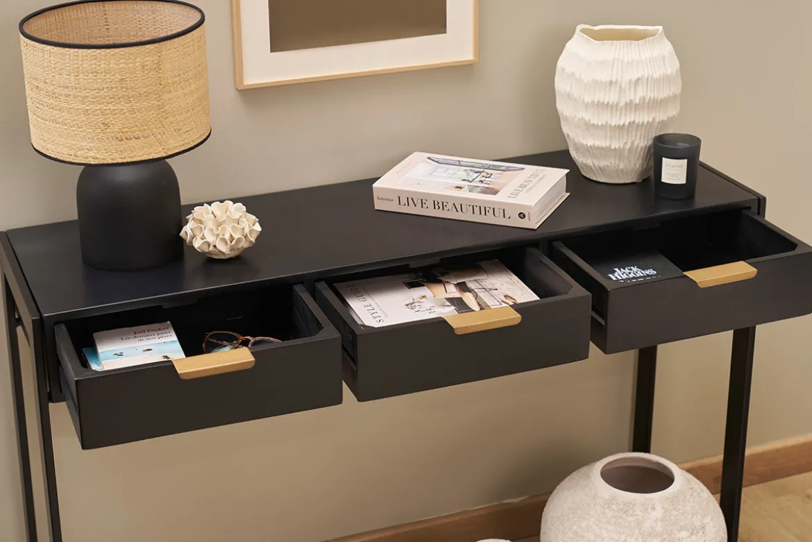 Console design avec rangements 3 tiroirs noire et métal L115 cm AVIDAN