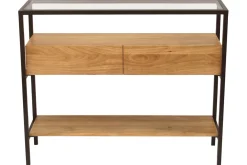 Console en bois clair manguier massif et plateau en verre 2 tiroirs L100 cm SITA