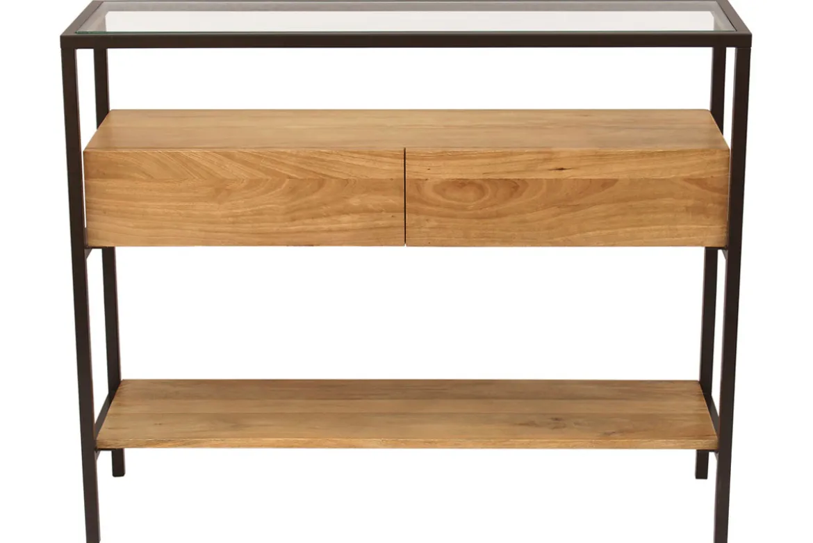 Console en bois clair manguier massif et plateau en verre 2 tiroirs L100 cm SITA