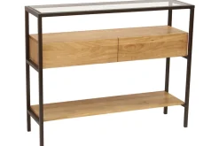 Console en bois clair manguier massif et plateau en verre 2 tiroirs L100 cm SITA